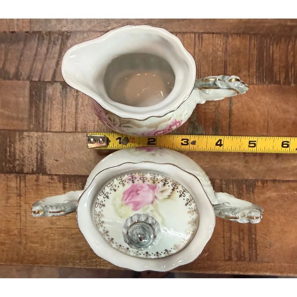 Antique Nippon Hand Painted Porcelain Cabbage Rose Cream and Sugar Set Gold Trim